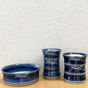 Vintage CANTON Japan by Andre Richards Blue Bamboo Ceramic Bathroom Accessories